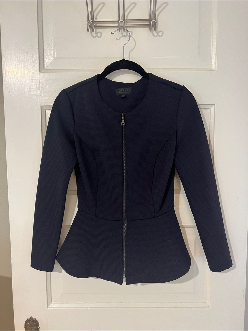 Topshop Navy Zip-Front Peplum Blazer